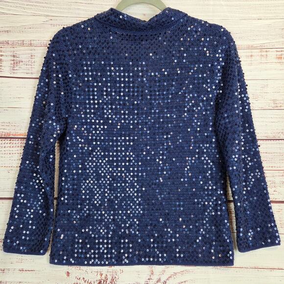Talbots Hand Knit Sequin Cardigan S Navy Blue Silk Cotton Button Sparkle Sweater - Picture 2 of 12